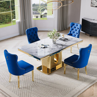 Dining Table Set, Modern Faux Marble Dining Table, 68.9" Luxury Dinning Table With With Velvet Chairs, Kitchen Dining Room Sets For Dinner Dinette Breakfast Banquet