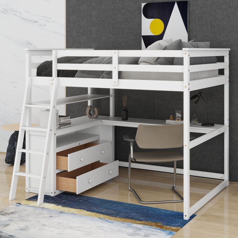 Lit mezzanine simple avec bureau, tablettes et 2 tiroirs, Blanc