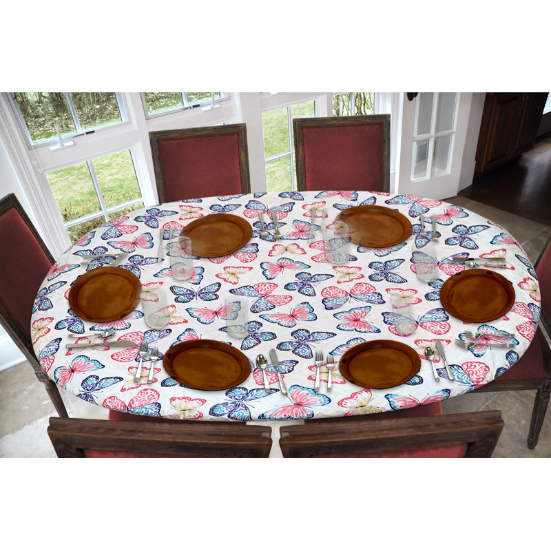 Rosalind Wheeler Deluxe Elastic Edged Flannel Backed Vinyl Fitted Table Cover - Butterfly Pattern - Oblong/Oval - Fits Tables Up To 48" W X 68" L in , 48" x 68"