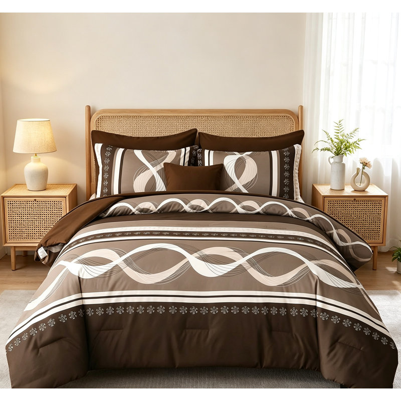 Brown Comforter Set Queen Patchwork Striped Bed in a Bag, Queen Comforter + 7 Additional Pieces