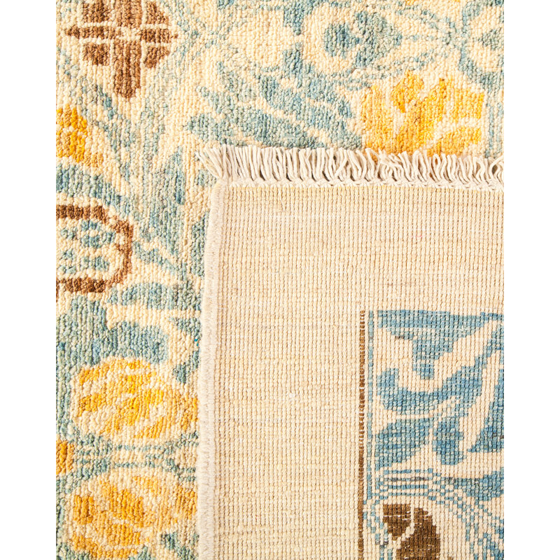 Ivory and Blue Hand-Knotted Wool Damask Area Rug