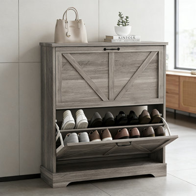 Rustic Narrow Shoe Cabinet With 2 Flip-Down Drawers