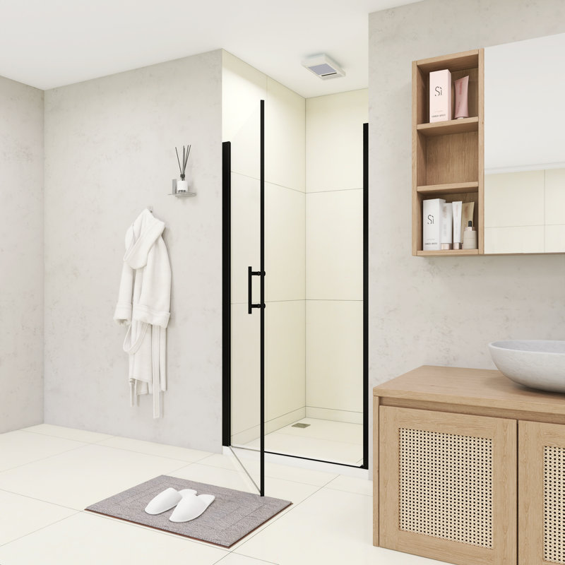 36" W × 72" H Pivot Shower Door – 1/4"(6Mm) Tempered Glass With Explosion-Proof Film, Stainless Steel Handle, Matte Black Aluminum Half Frame, Modern Minimalist Design
