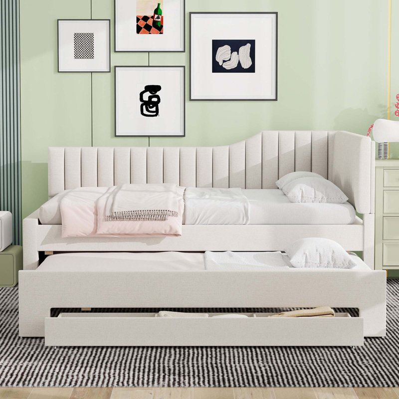 Upholstered Daybed With Trundle And Three Drawers, Beige, Full/Double