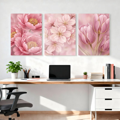 Pink Peony Cherry Blossom And Tulip Floral Canvas Wrapped Wall Art Oil Painting Print Set Of 3 For Living Room Bedroom Decor
