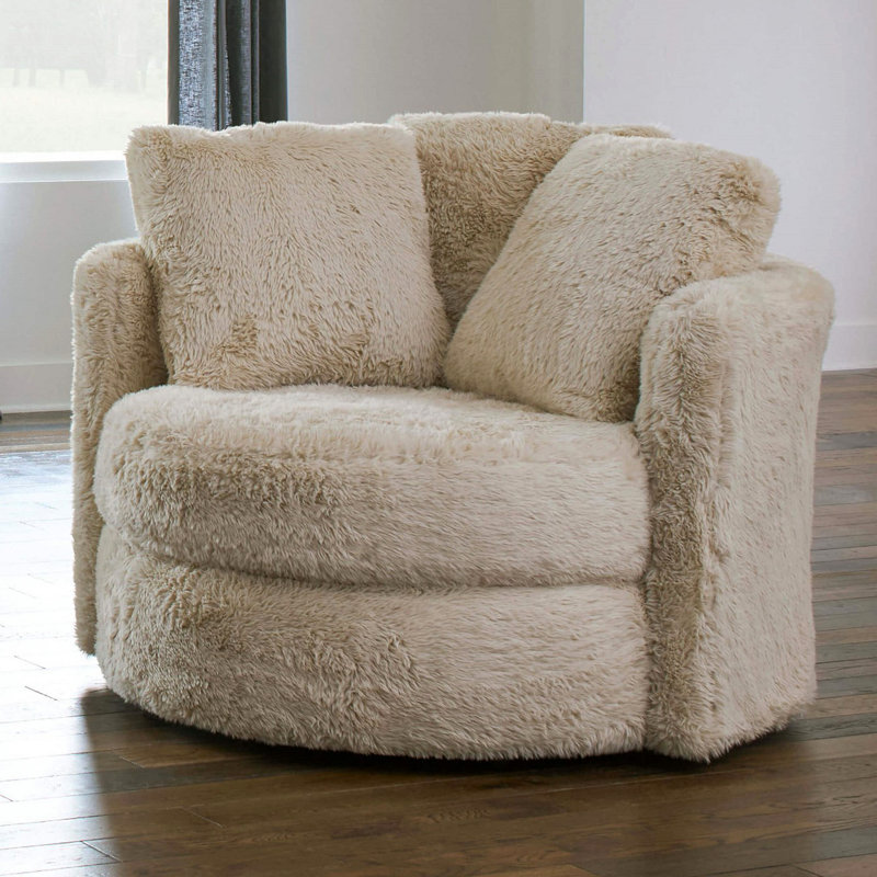 Fauteuil d'appoint pivotant Rane, chenille, forme de tonneau, bois massif, Chenille beige