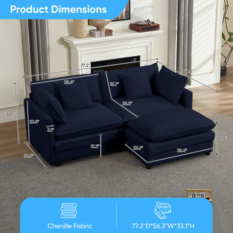 Boneless 77.2" Modular Sectional Sofa With Movable Ottomans - Chenille Fabric, High-resilience Foam Cushions & Removable Armrests (56.3"w X 33.1"h, 4 Color Options)"