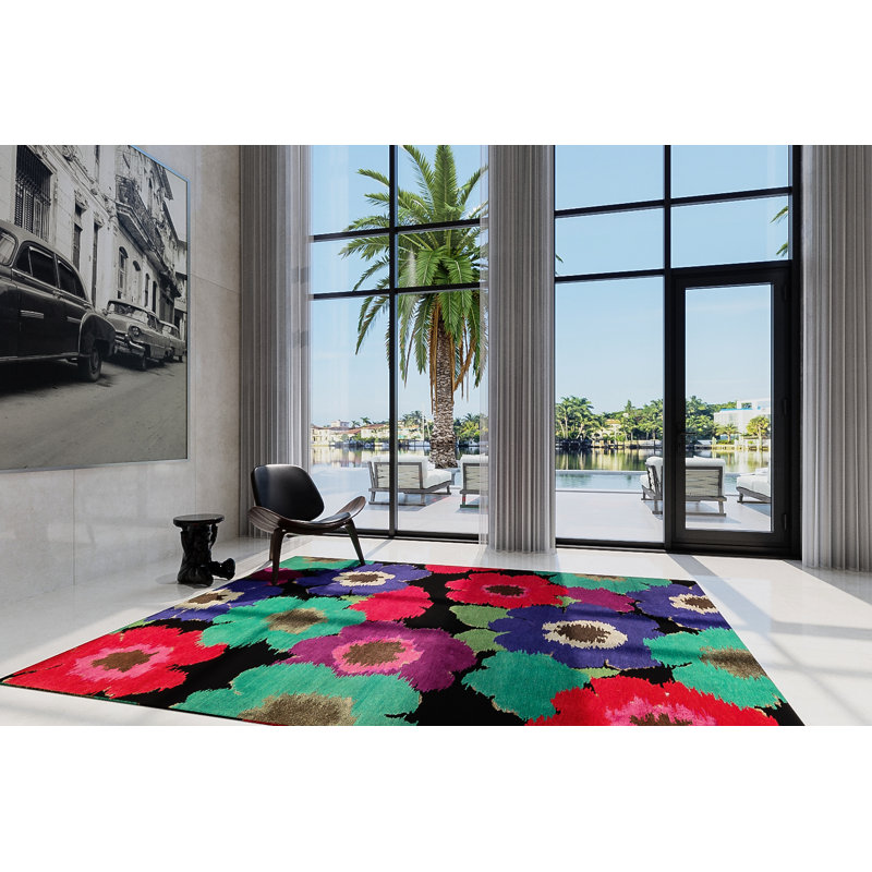 Wool Floral Area Rug in Black/Green/Red/Blue, Rectangle 3' x 5'