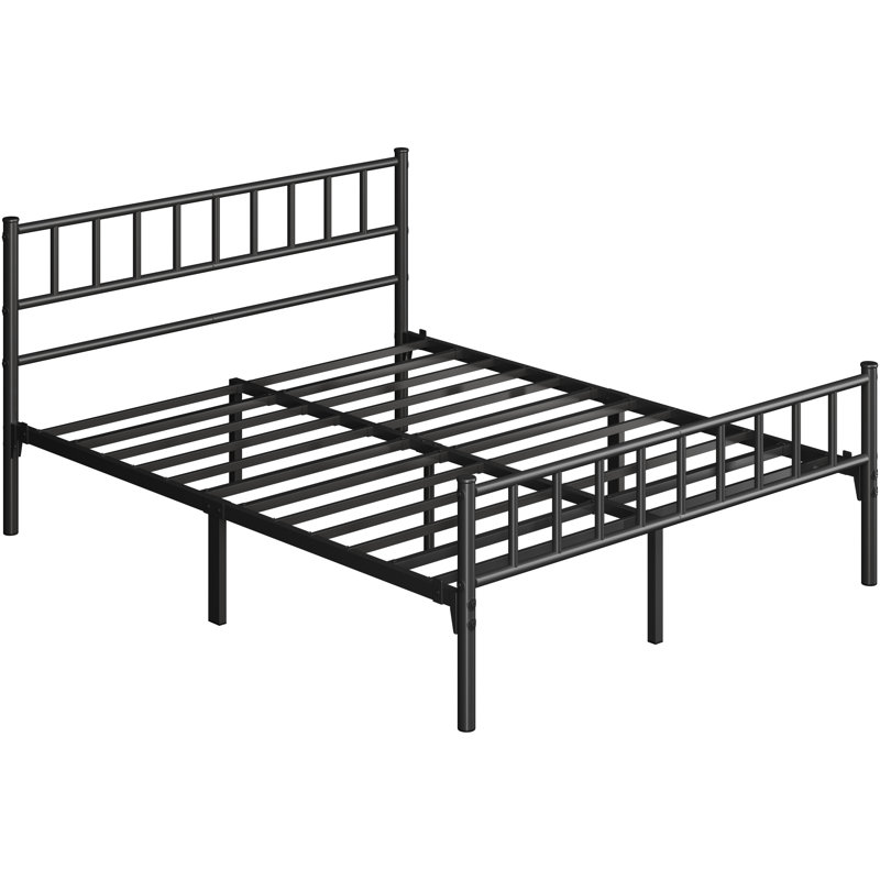 Minimalist Metal Bed Frame with Slatted Headboard, Kingsize (5'), Black