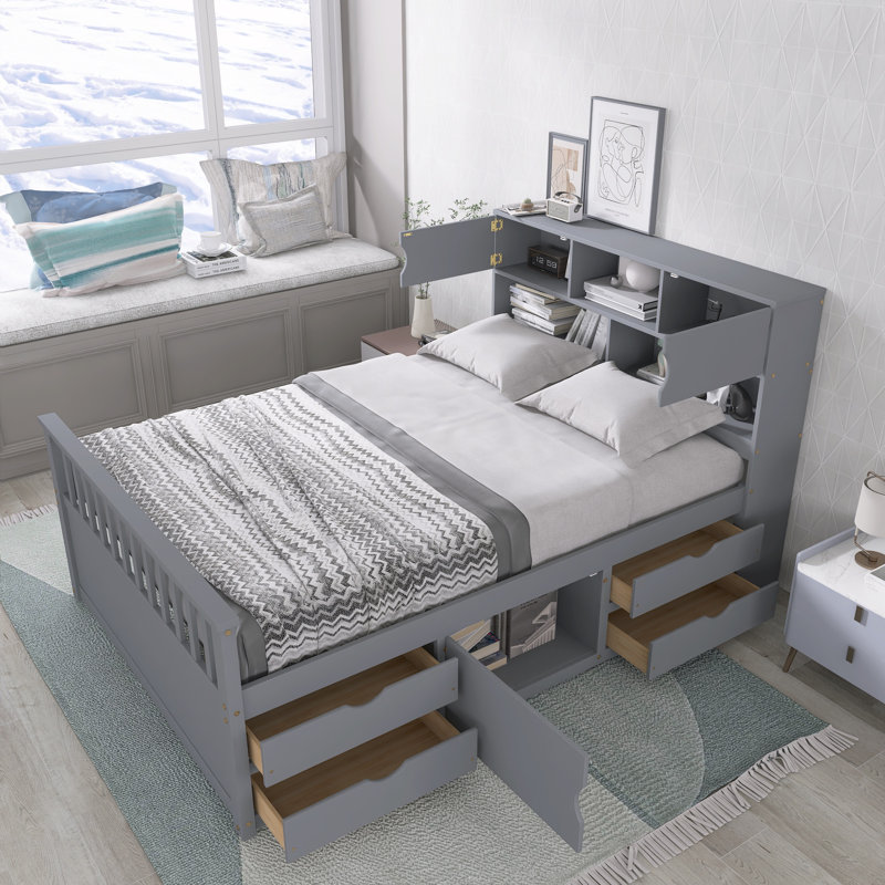 Full Size Platform Bed With Storage Bookcases & 4 Drawers, Gray