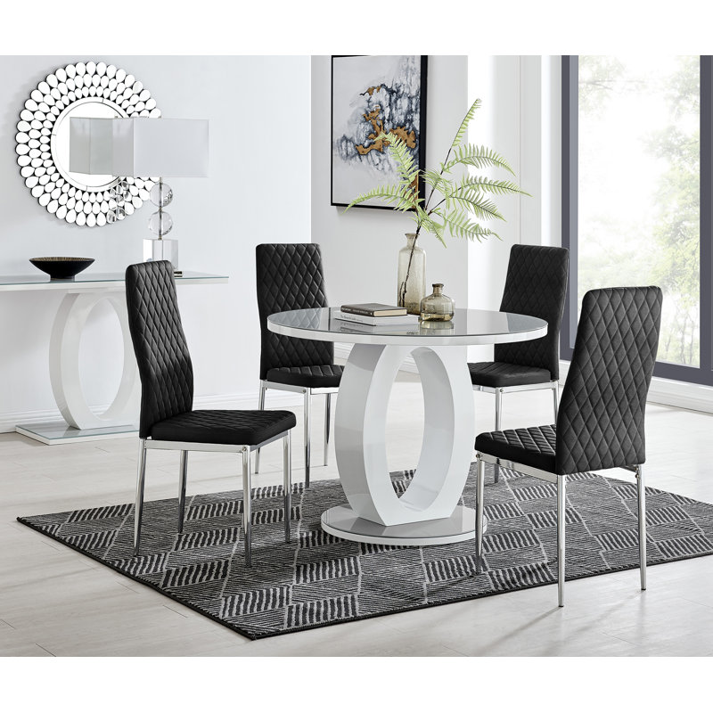 Scottsmoor Modern Halo 4 Seat Round Dining Table Set - Luxury Velvet Dining Chairs, Grey, Navy/Gold