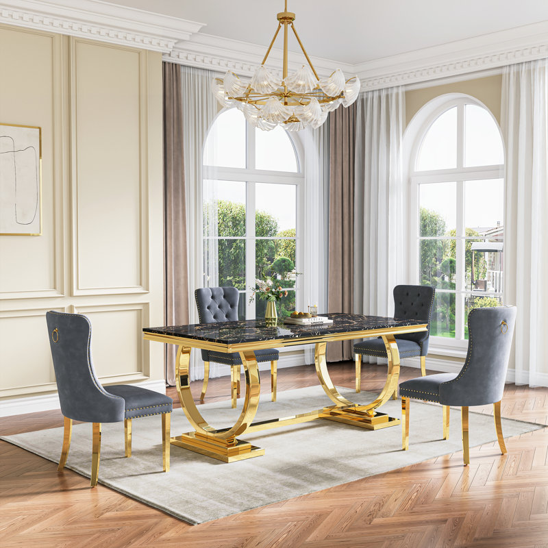 Rectangular 70.1"L X 35"W Dining Set, Gris/doré, Noir et or, 5 pièces: table, 4 chaises