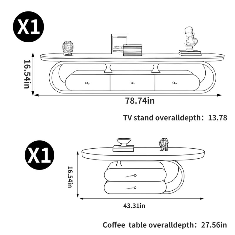 Meuble télé et table basse American Style, Noir, noir, noir, noir, H 16,54 po x l 78,74 po x P 13,78 po
