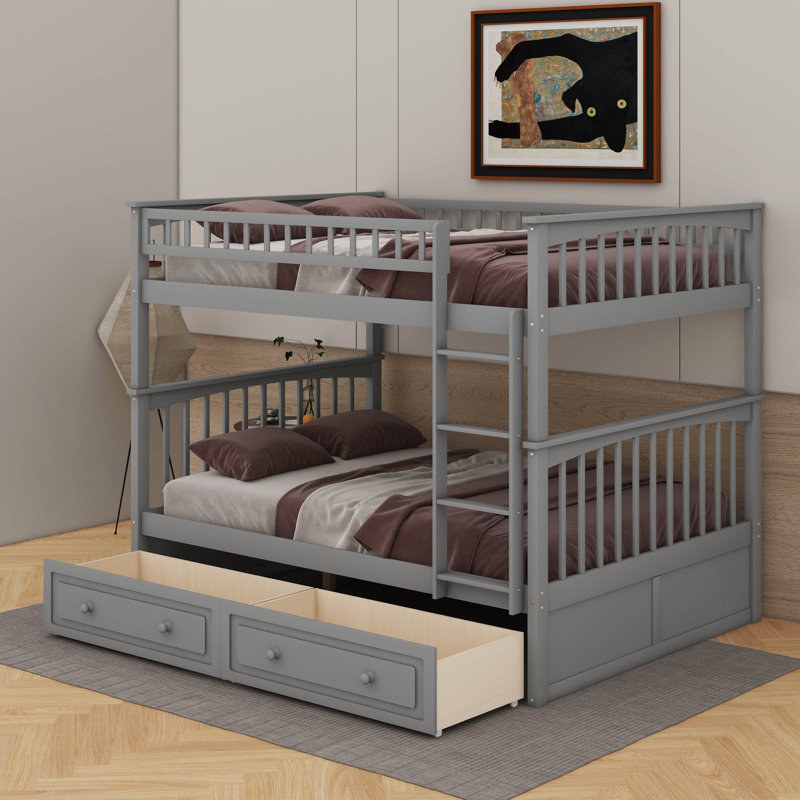 Lit double superposé au dessus d'un lit double avec tiroirs, Gris