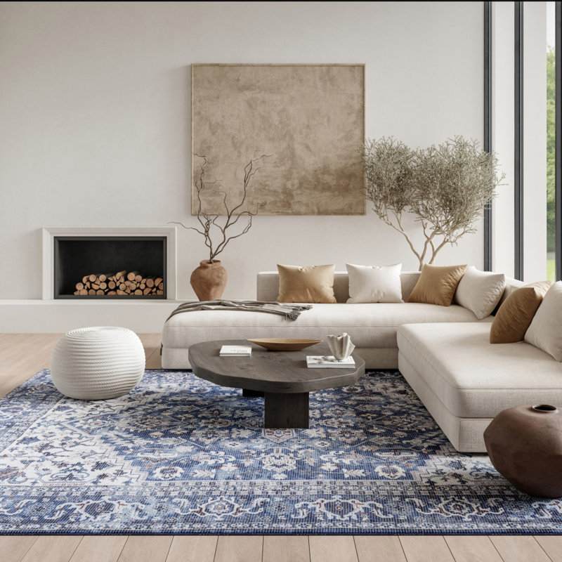 Tapis floral lavé bleu et ivoire 9 pi x 12 pi tissé à la machine