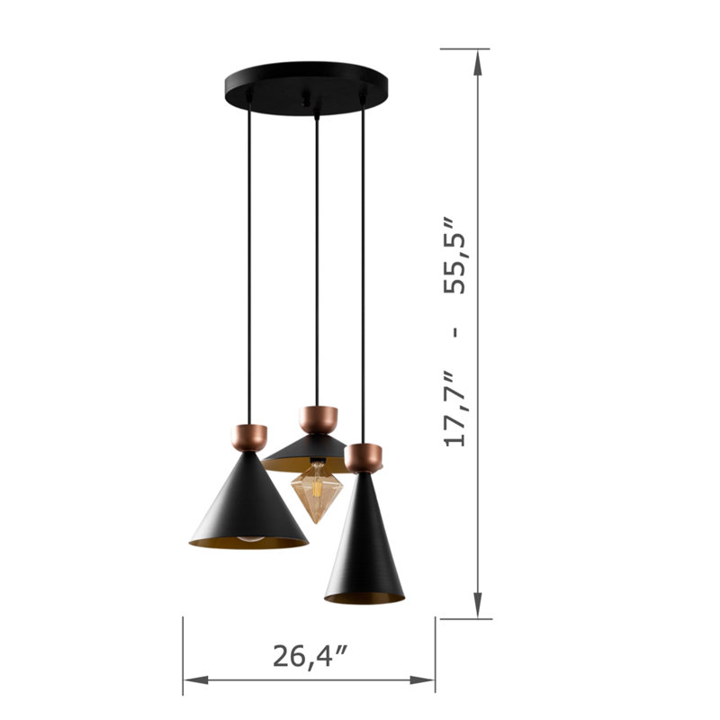 Modern Black Chandelier, Adjustable Height, 29 x 11.0 inches | Metal Body, 3 x E27 Max 40W | Elegant Scandinavian Design, Ideal for Living Room & Dining Room | Base Plate 15.7 inches, Cable Length 35.4 inches