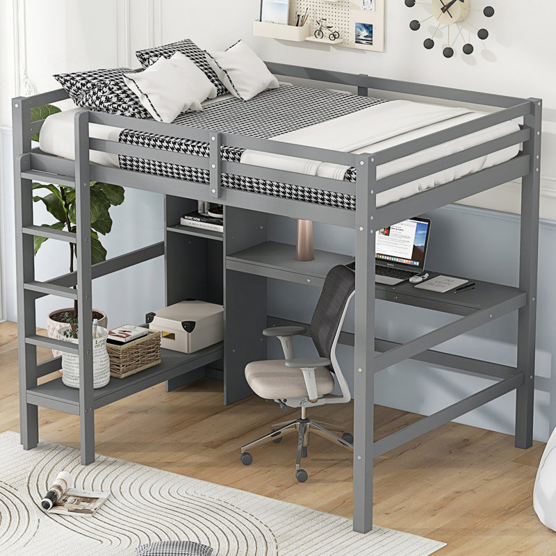 Lit mezzanine double avec tablettes multifonctionnelles et bureau sous le lit, Gris