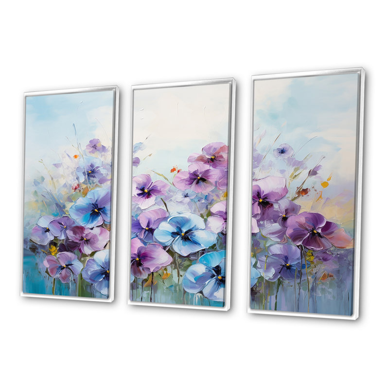 Pensées mauves Blooming Field I - Ensemble de décoration murale champ de fleurs, Cadre flottant blanc