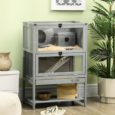 Enceinte de hamster en bois avec rangement et aire de jeux, 35,5 po de hauteur, pour 2 hamsters, plateau coulissant gris H Cage, couleur