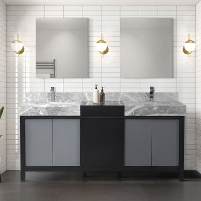 Black And Grey Double Bath Vanity 72 In. W X 22 In. D, Castle Grey Marble Top, Chrome Faucet Set And 28 In. Mirrors