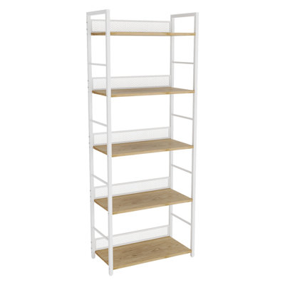5 Tier Wire Shelving Unit Metal Storage Shelf Wood Board Display Organizer Rack Living Room Kitchen White Natural Wood