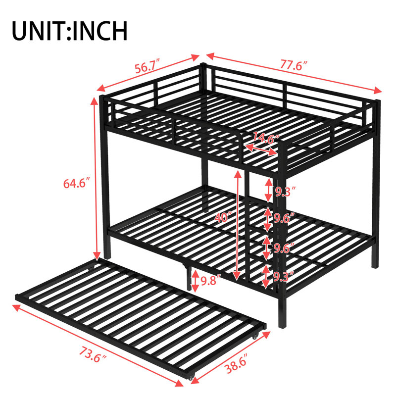 Metal Bunk Bed with Trundle, Sturdy Steel Frame, Safety Guardrails & Ladder, Space-Saving Design, Black, Full Over Full