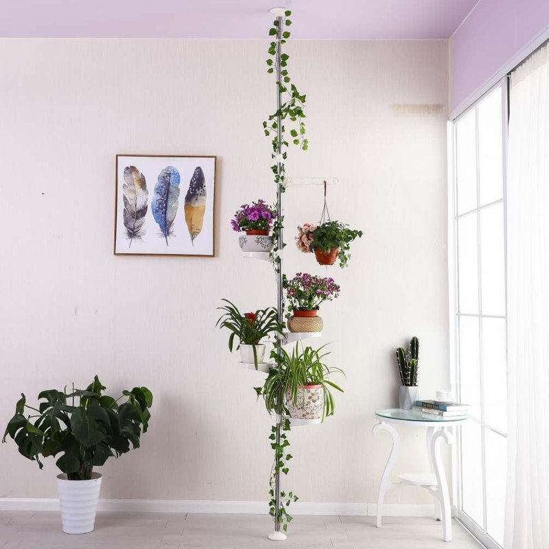 Adjustable 5-Tier Tension Rod Plant Stand With Rotating Trays And Hanger, Rust-Proof Stainless Steel And ABS/PP Plastic Multi-Use Flower Display Rack