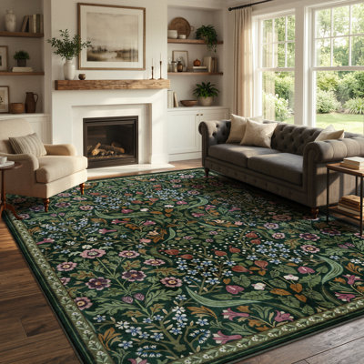 Kaldi Floral Washable Area Rug – Intricate Nature-Inspired Design, Non-Slip Soft Floor Mat for Living Room, Bedroom, and Entryway
