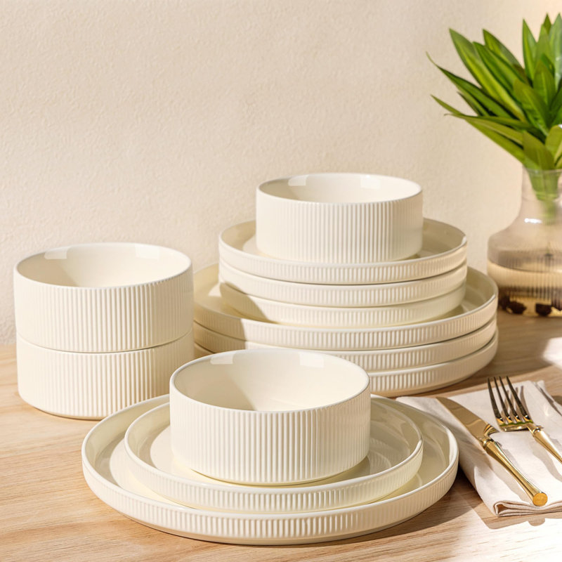 Service de table en céramique 12 pièces pour 4 personnes - Ensemble de bols et assiettes en porcelaine légère | Résistant aux égratignures | Va au four, au micro-ondes et au lave-vaisselle