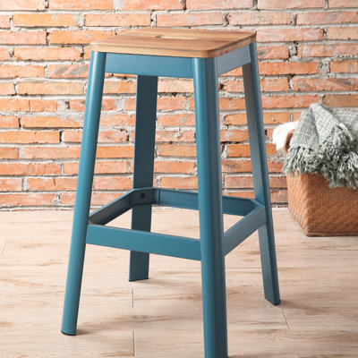 Tabouret de bar à finition naturelle avec pieds en métal thermolaqué sarcelle pour la maison et le bureau