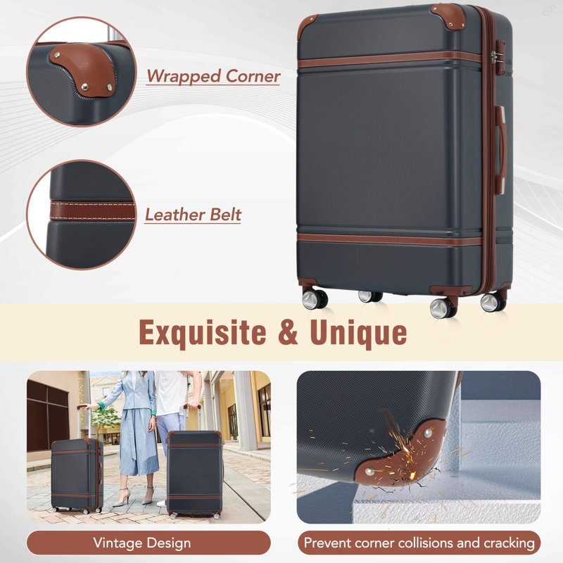 Valise à roulettes Hardshell 3 pièces 20 "+24" Valise avec serrure TSA, H 26,35 po x l 17,23 po x P 11,23 po, Noir