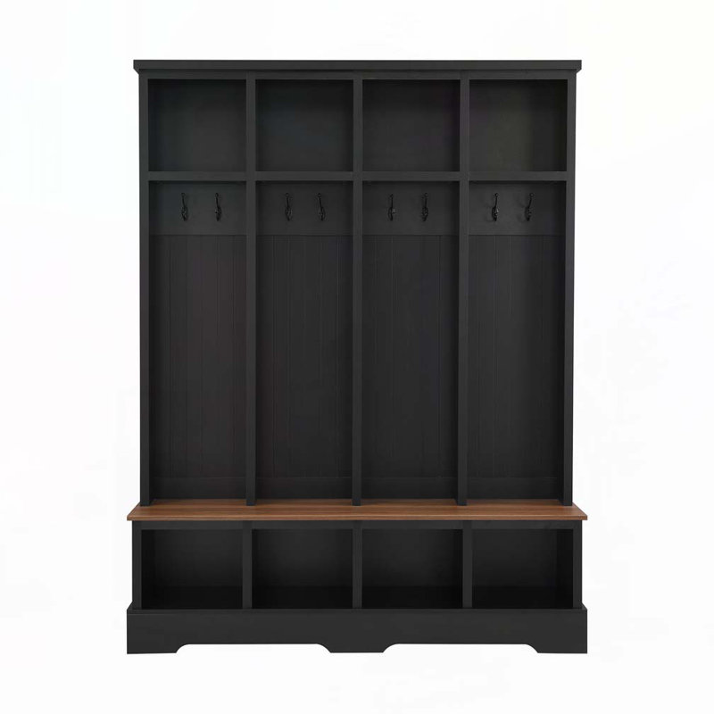 Farmhouse 59"W Wide Hall Tree with 8 Hooks, Black/Brown