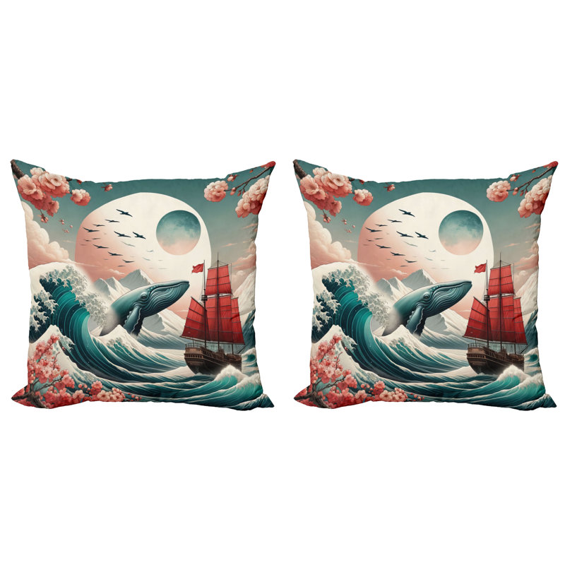 429461_Ambesonne Housse de coussin nautique 2Pack Whale Sakura Spring Ocean, H 18 po x l 18 po