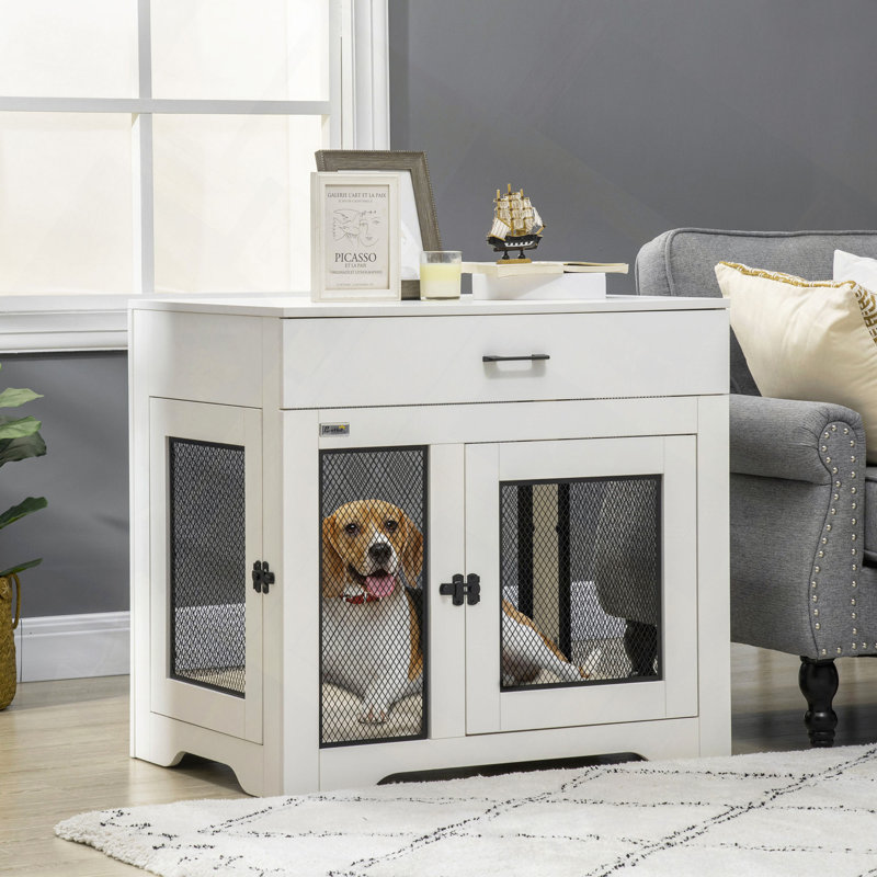 Mobilier de cage pour chien avec coussin moelleux résistant à l'eau, table de bout avec tiroir et cage pour chiots pour petits chiens à l'intérieur avec 2 portes