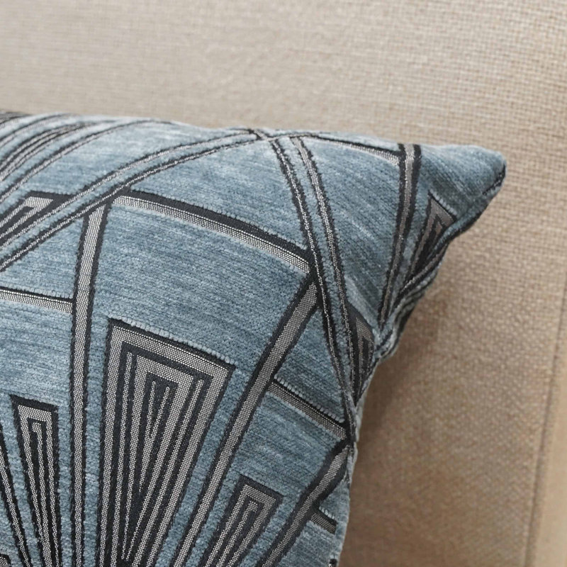 Art Deco Geometric Velvet Chenille Cushion in Steel Blue, 43x30cm, Feather filled