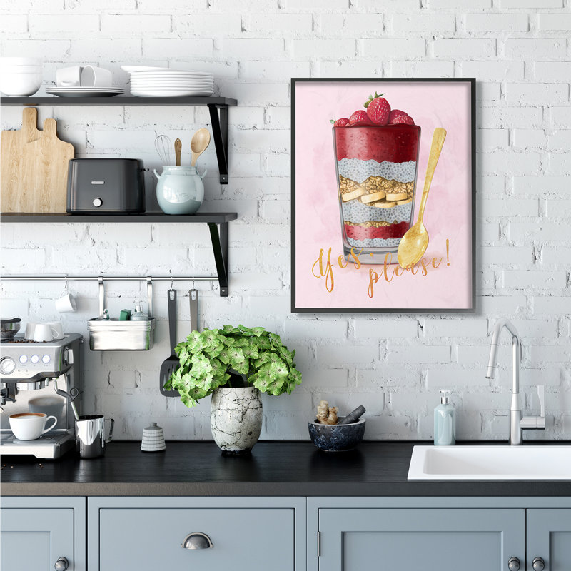 «Yes s'il vous plaît, fruit, parfait, peinture rose d'or», impression, H 30 po x l 24 po, Giclée encadrée noir minuit
