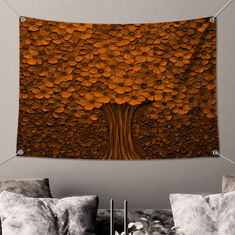 Bronze Floral Tree Wall Tapestry - Flowers Wall Decor, 50in H x60in W with 4 Grommets