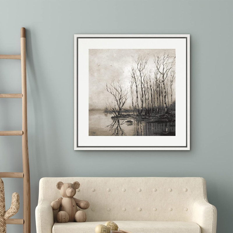 Forest Landscape " Storm Cloud Winter Tree Lake Reflection ", White, 16" H x 16" W