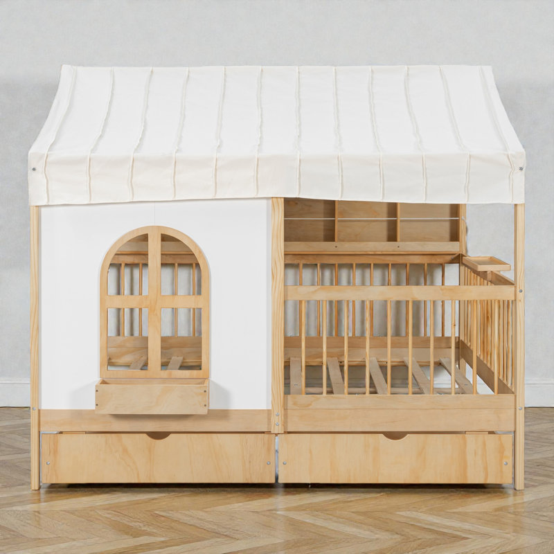 Full Size House Bed, Built-In Storage Drawers, Wood, Tent Canopy Roof, Modern Farmhouse, Kids Bedroom, Natural