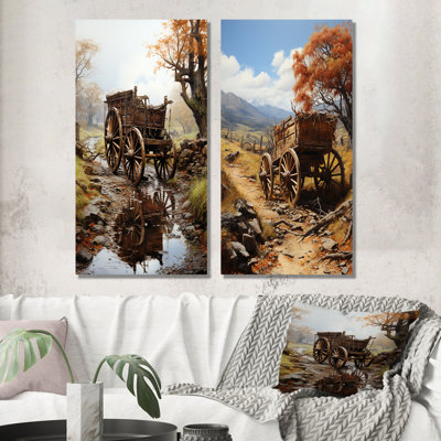 Watercolor Old Carriage Cart Memory - Old American Cart Metal Prints Set Of 2