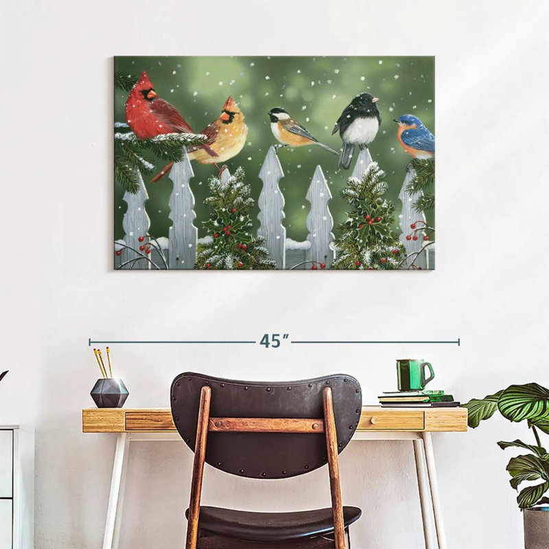 Oiseaux d'hiver sur une clôture enneigée, H 26 po x l 39 po