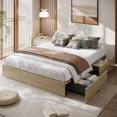 Full Size Wood Platform Bed Frame with 2 Storage Drawers, No Headboard, Wood Slat Support, No Box Spring Needed, Easy Assembly