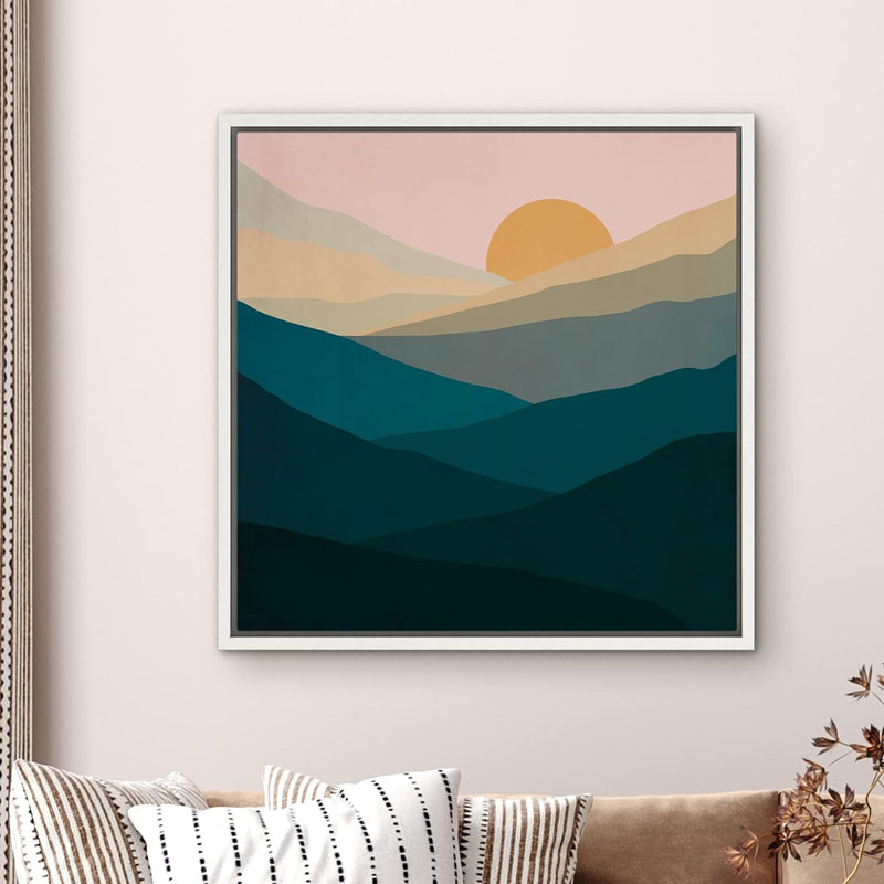 «Green Green Gradient Mountains Sun Nature Wilderness Modern Art Rustic Colorful Pastel», reproduction sur toile, Blanc