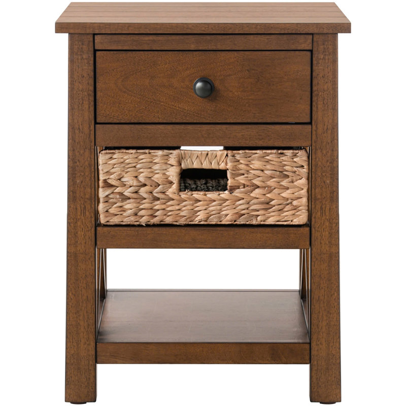 Hoekstra Solid Wood X-Side End Table Side Table with Drawer, 2 Storage Shelves and Wicker Basket, Coffee, Coffee