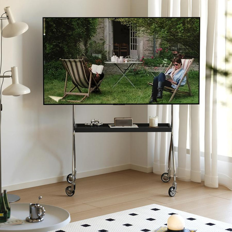 Rolling TV Floor Stand with Wheels for 40–70 Inch, Stainless Steel & Wood Mobile TV Stand with Storage Shelves, Black