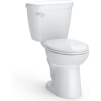 Two-Piece Elongated Ceramic Toilet, 1.28 GPF Single Flush, Universal Height, Soft Close Seat, 12-Inch Rough-In, White