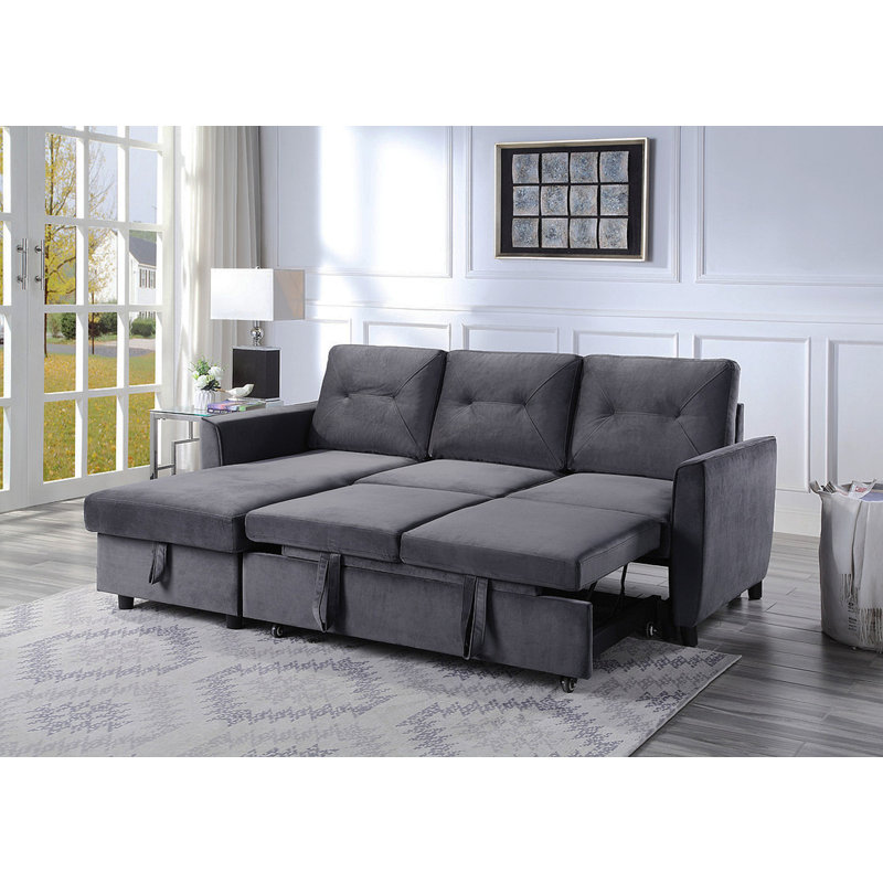 Hudson 83" Dark Gray Velvet Reversible Sleeper Sectional Sofa With Storage Chaise