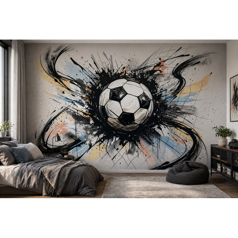 Papier peint ballon de soccer encre éclaboussure dynamique, 120 po x 96 po, Peler et coller