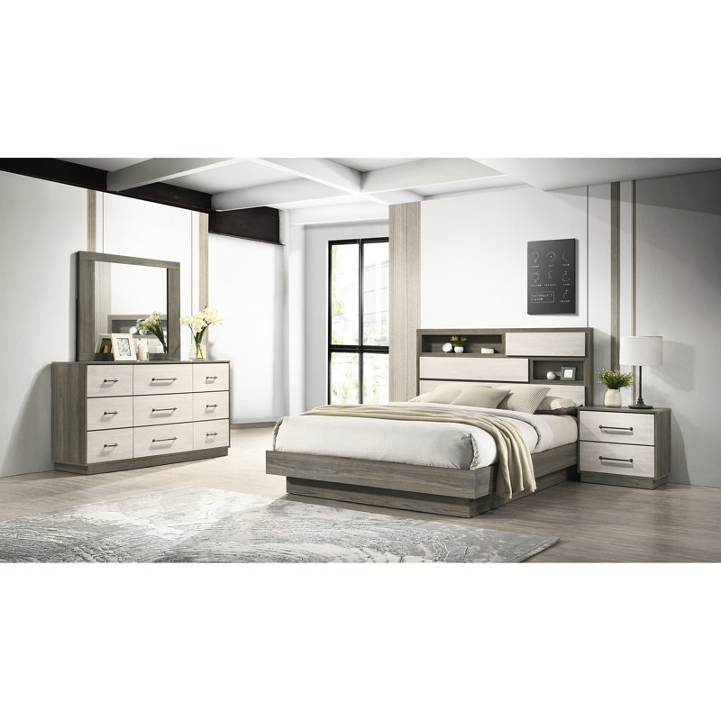 Table de chevet moderne en bois beige et brun - 2 tiroirs pour chambre à coucher