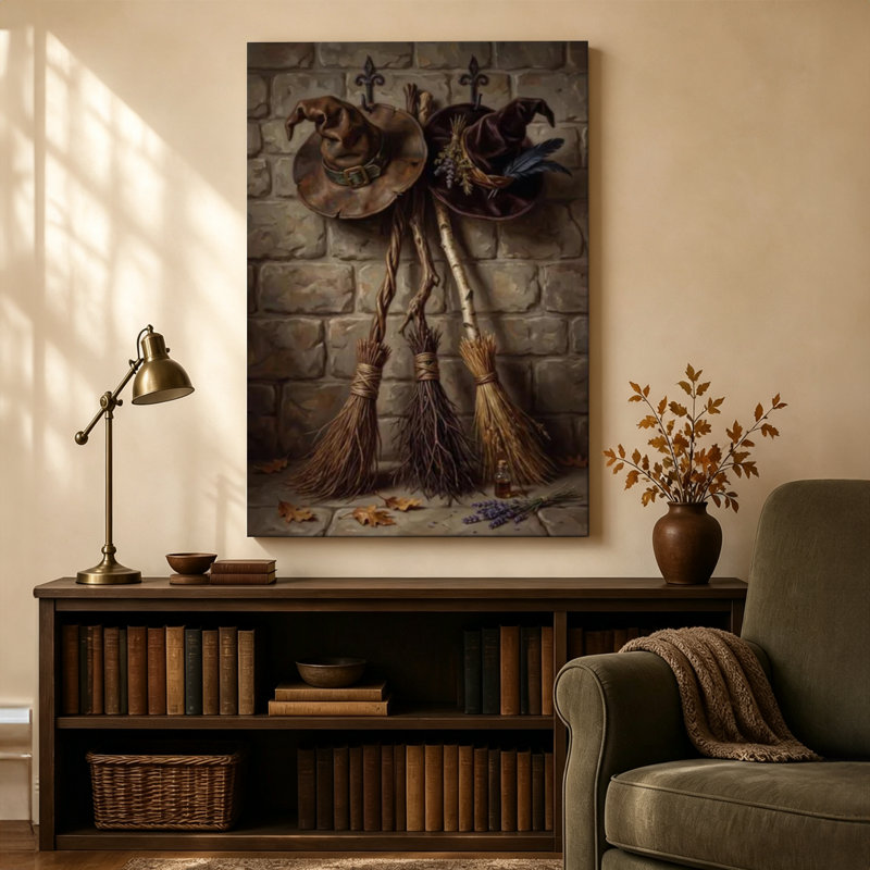 «Rustic Halloween», chapeaux de sorcière et balais, art mural sur toile avec feuilles d'automne, 24 po x 36 po, 24"W x 36"H